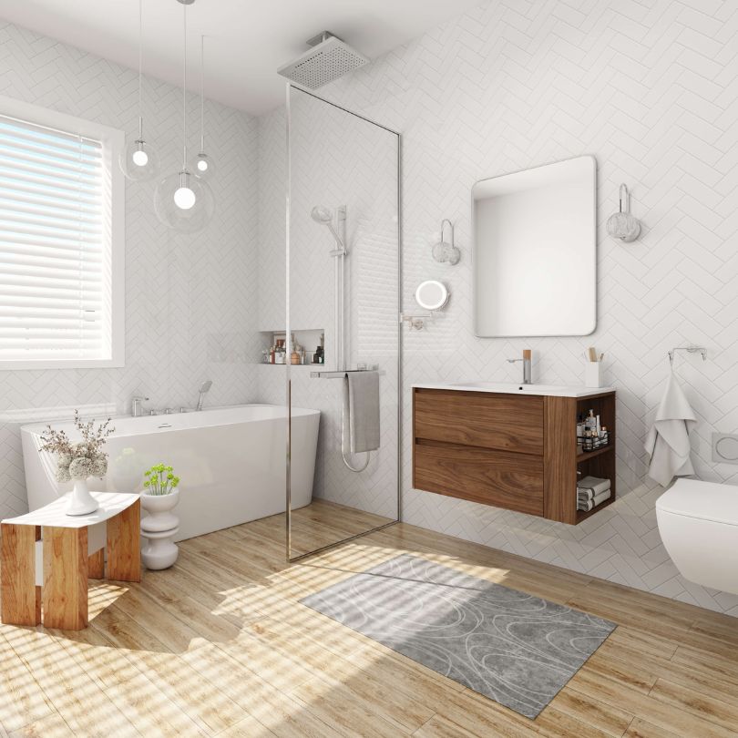 30" Modern Brown Oak Wall-Mounted Bathroom Vanity with White Sink - Image 2
