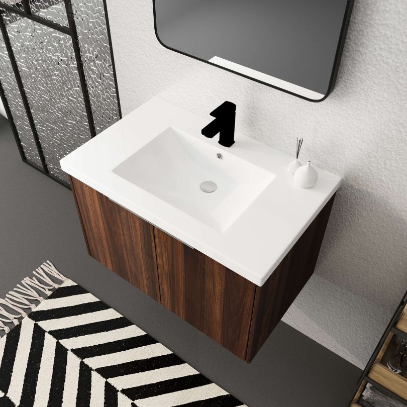 Front view of 30-inch dark walnut floating vanity showcasing soft close doors and sleek design.