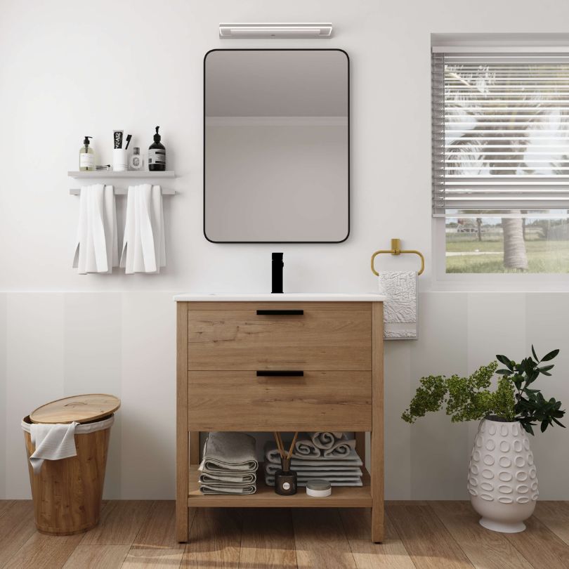 Front view of 30 inch modern oak bathroom vanity with open storage, showcasing its sleek design and functionality.