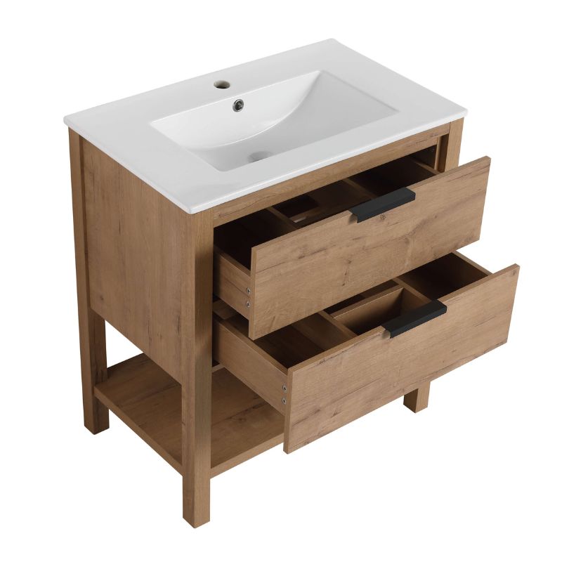 Close-up of the soft-closing drawers in the oak bathroom vanity, demonstrating quality craftsmanship.