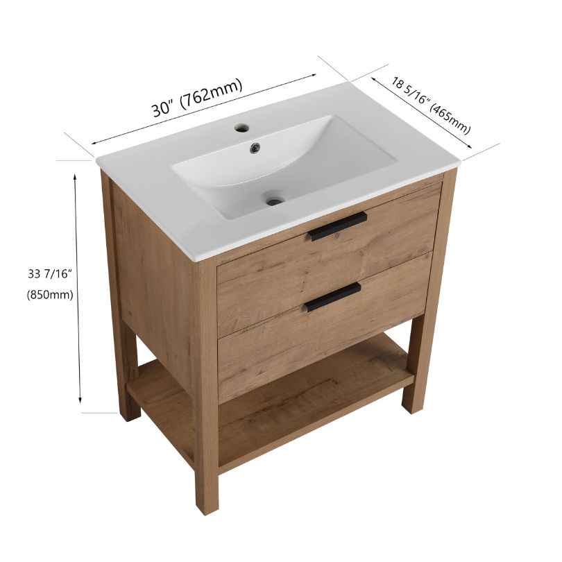 Front view of 30 inch modern oak bathroom vanity with open storage, showcasing its sleek design and functionality.