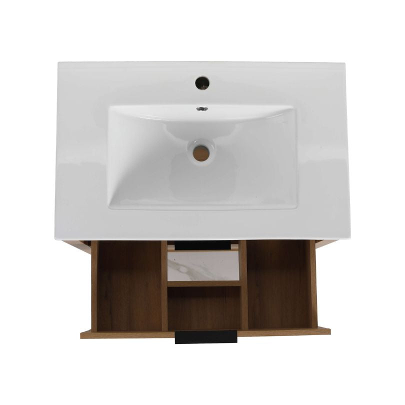 Front view of 30 inch modern oak bathroom vanity with open storage, showcasing its sleek design and functionality.