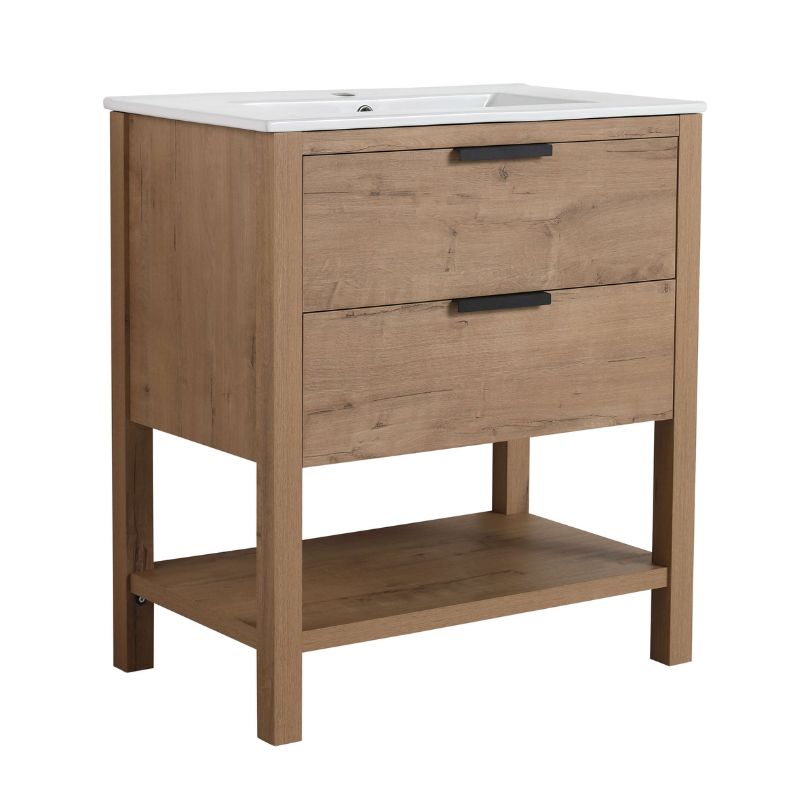 Side angle of the freestanding vanity, highlighting the smooth finish and spacious storage options.
