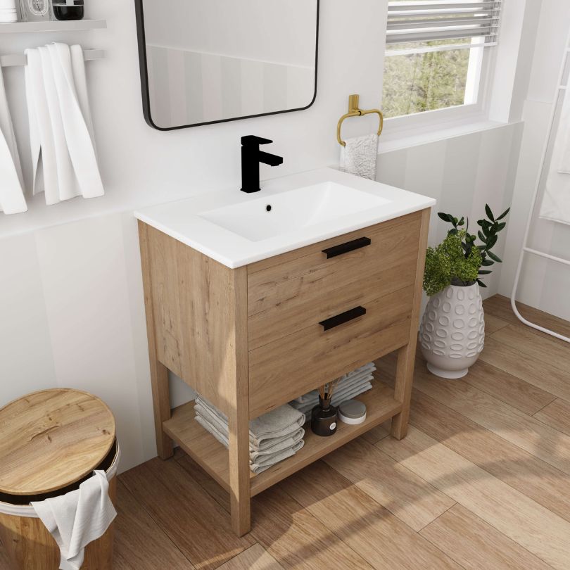 Front view of 30 inch modern oak bathroom vanity with open storage, showcasing its sleek design and functionality.
