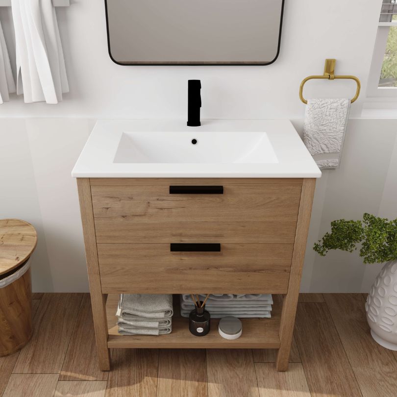 Side angle of the freestanding vanity, highlighting the smooth finish and spacious storage options.