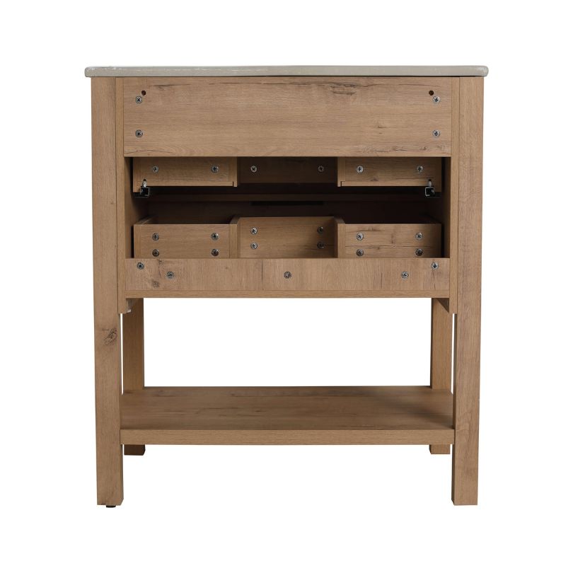 Side angle of the freestanding vanity, highlighting the smooth finish and spacious storage options.