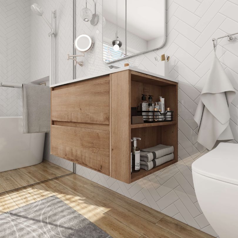 Front view of the 30" oak wall-mounted bathroom vanity with gel sink, displaying modern design.