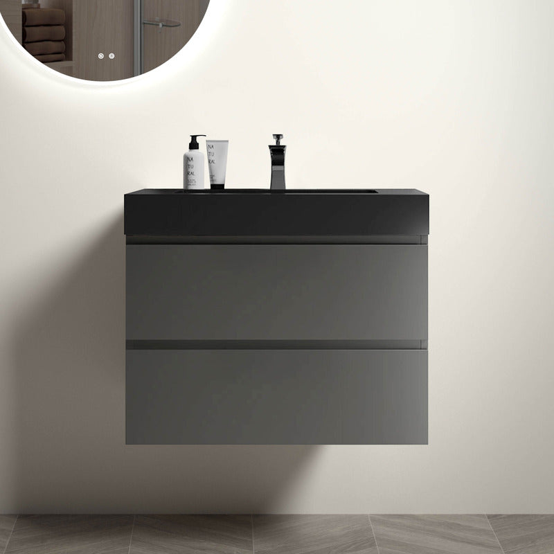 Modern grey wall-mounted bathroom vanity showcasing black sink from the front view.