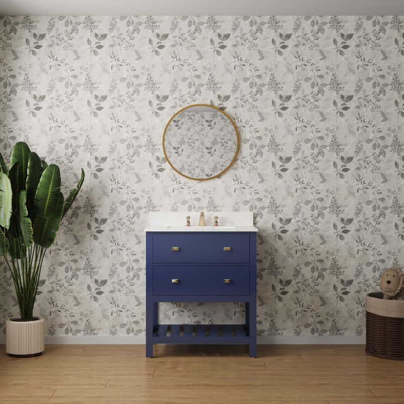 Front-facing view of navy blue vanity with ceramic sink and open shelf
