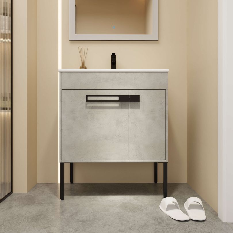 Front view of the 30-Inch Cement Gray Freestanding Vanity with Ceramic Sink, showcasing its modern design and soft-close doors.