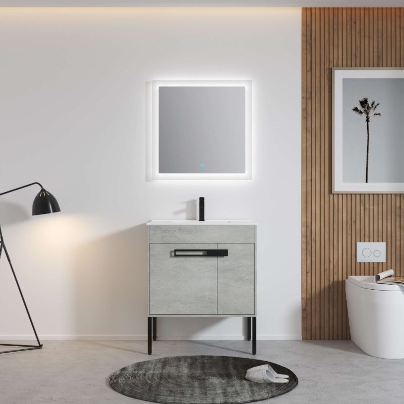 Close-up of the ceramic sink integrated into the modern bathroom vanity, emphasizing its stain-resistant surface.