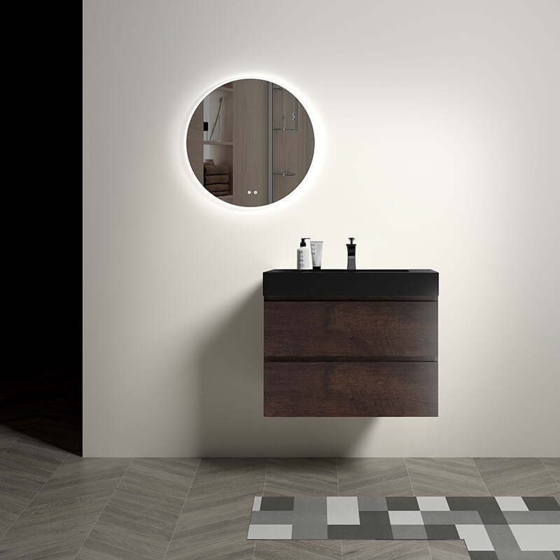 Front view of the 30-inch walnut floating vanity showcasing its modern design and black sink.