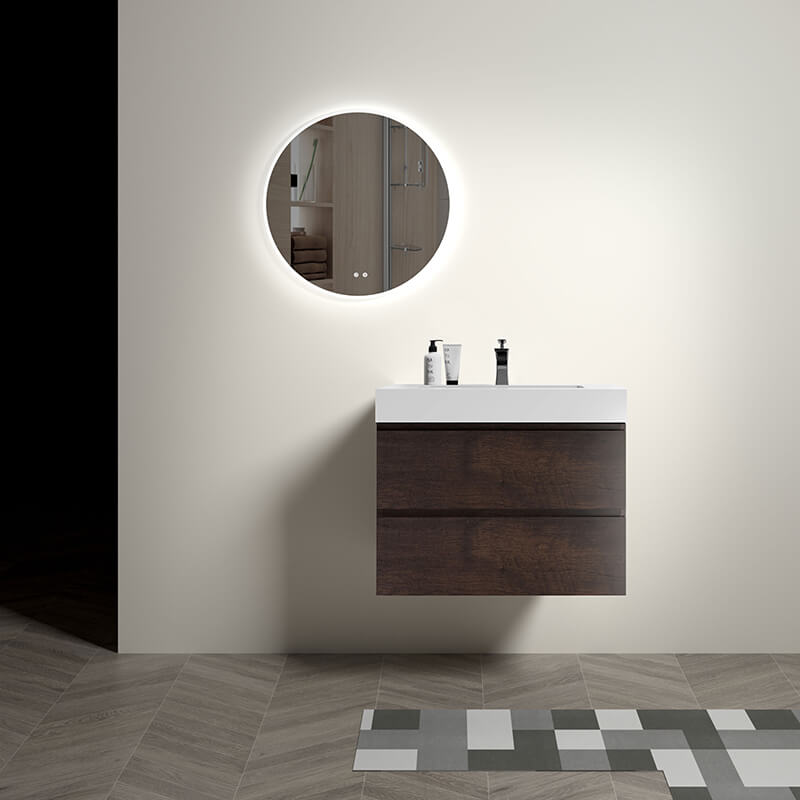 Front view of the 30-inch walnut floating vanity showcasing its elegant design and white sink.