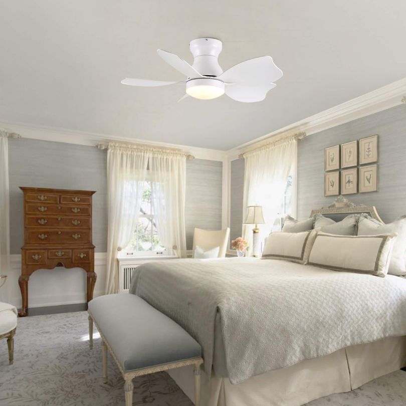 Close-up of the 30-inch flush mount ceiling fan with light, showcasing its modern design.