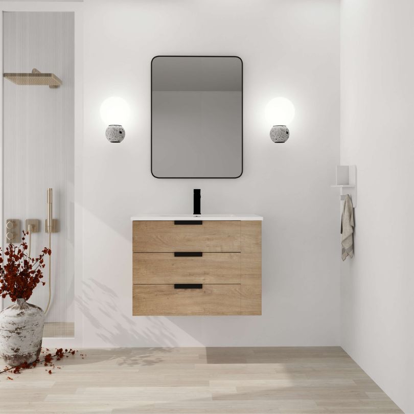 Front view of the 30-inch wall-mounted bathroom vanity showcasing its modern design and open storage.