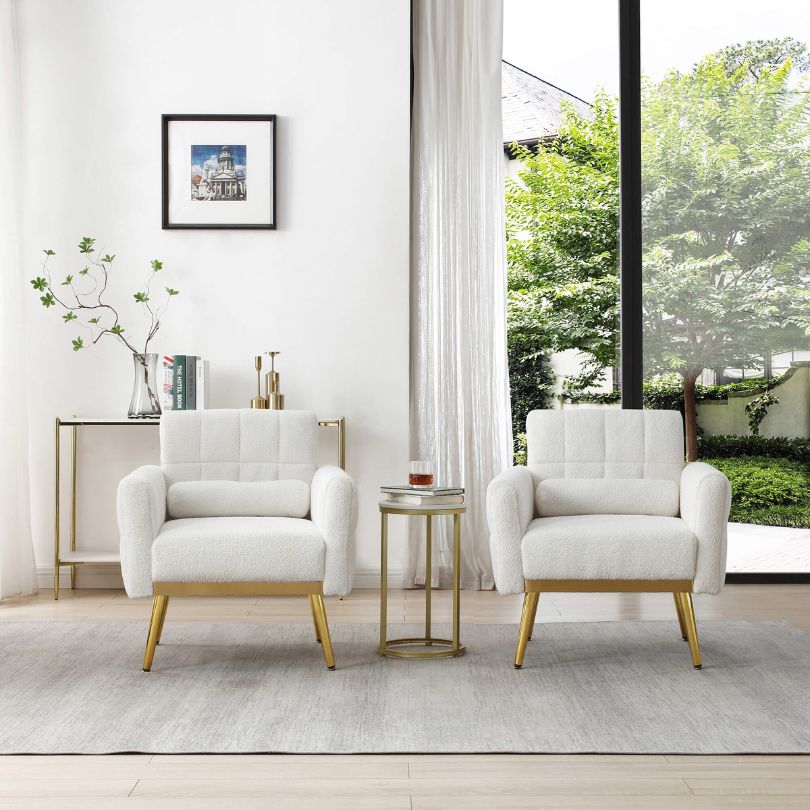 Side angle of affordable mid-century armchair with pillow on light wood floor