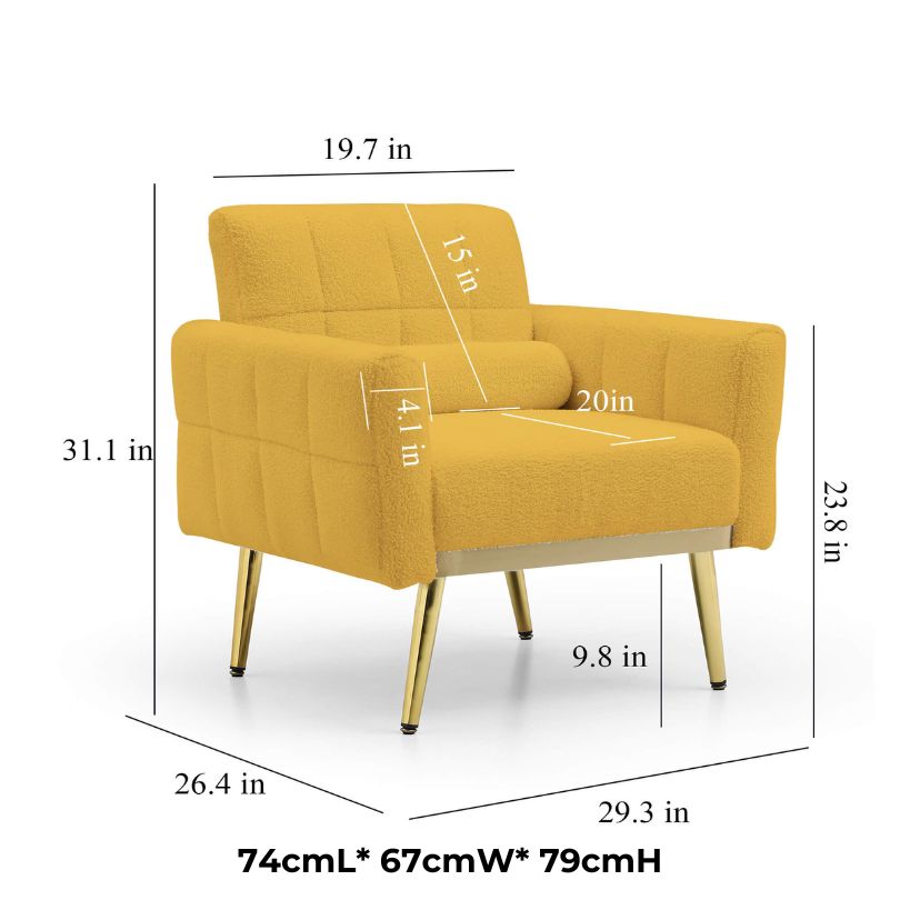 Chic yellow teddy fabric mid-century accent armchair from the side, highlighting its elegant design.