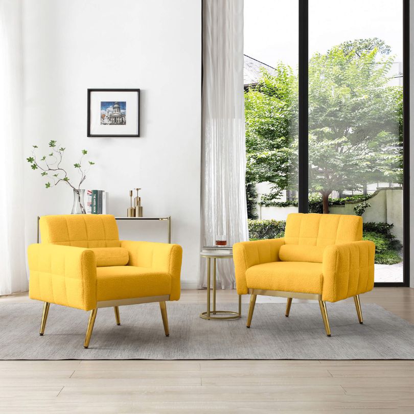 Cozy living room setup featuring the yellow armchair, showcasing its comfortable sitting area.