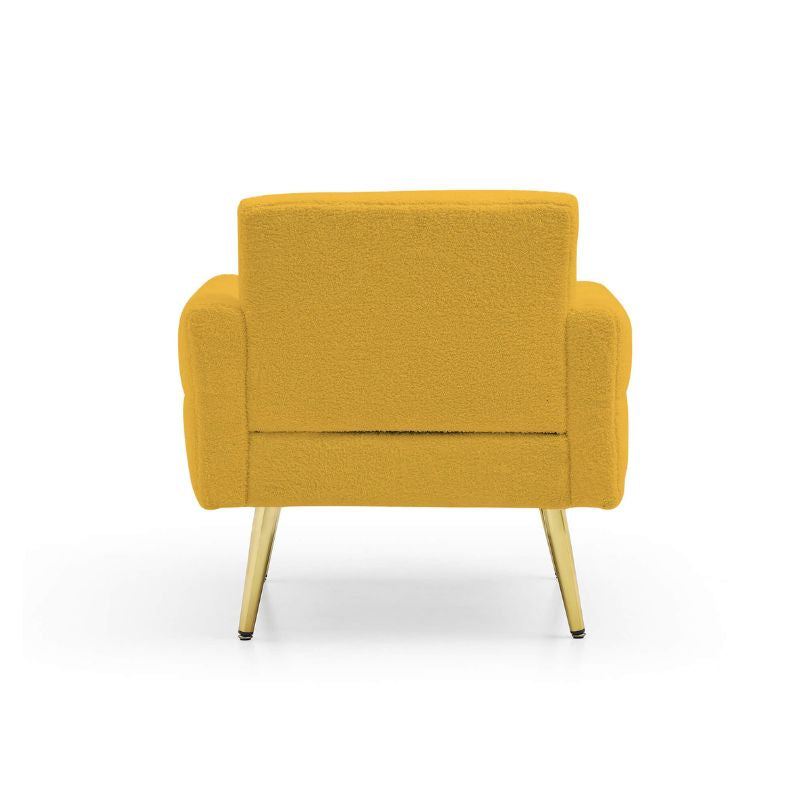 Cozy living room setup featuring the yellow armchair, showcasing its comfortable sitting area.