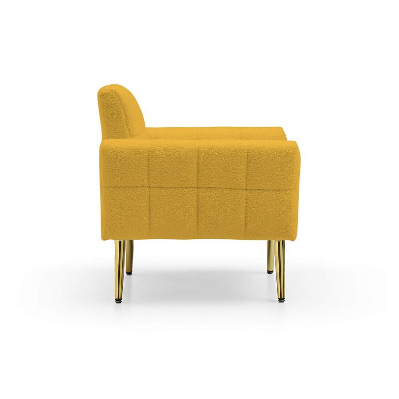 Close-up of the waist pillow on the yellow accent chair, emphasizing support and style.