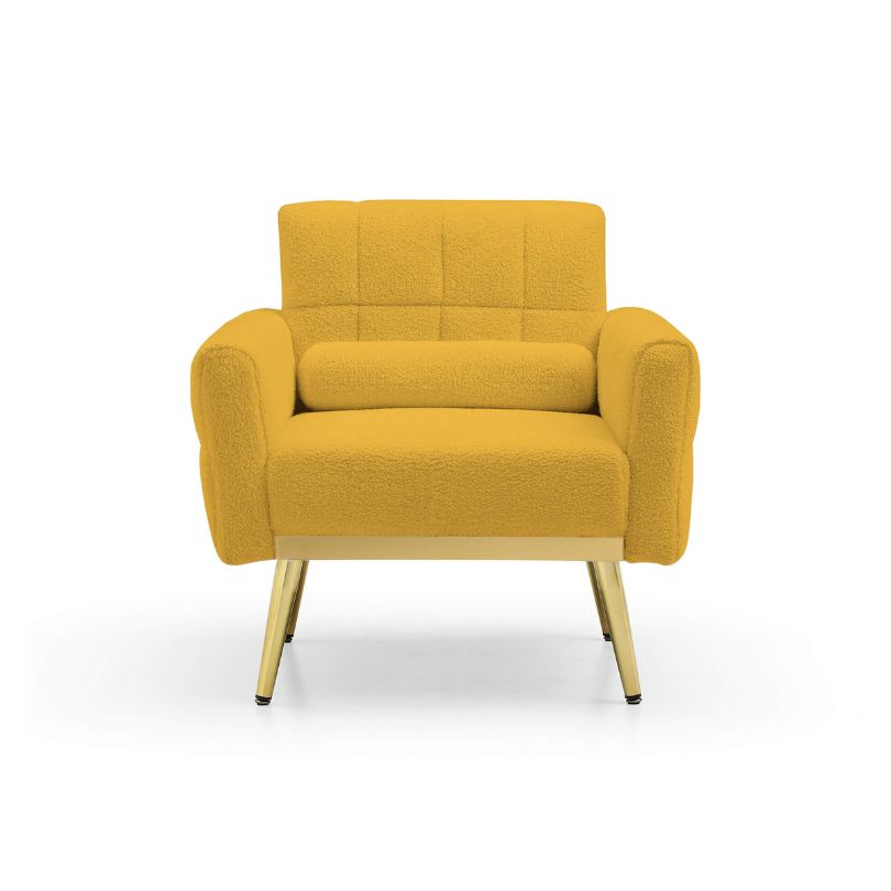 Close-up of the waist pillow on the yellow accent chair, emphasizing support and style.