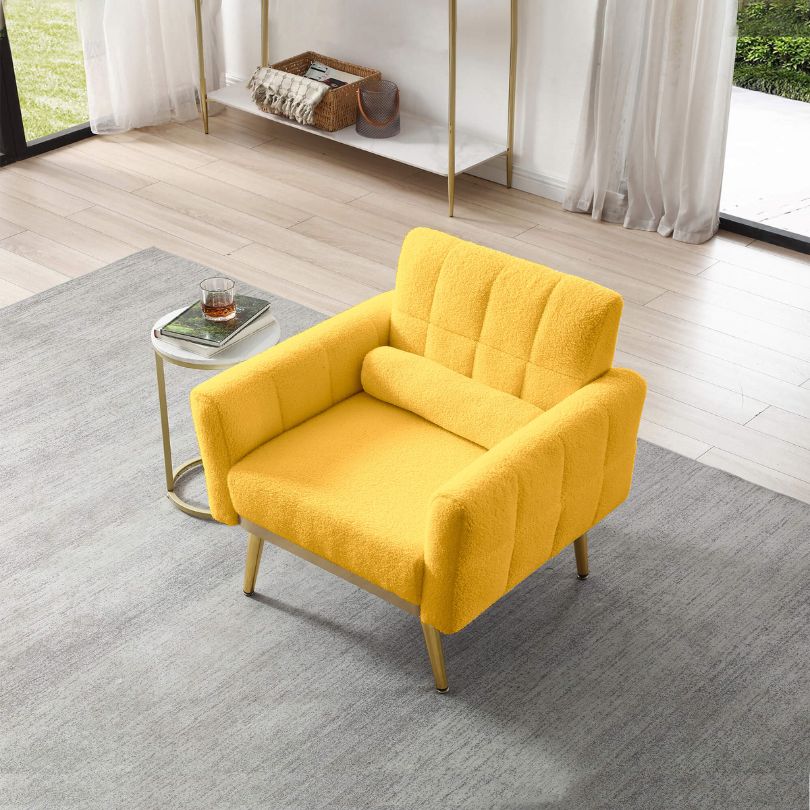 Chic yellow teddy fabric mid-century accent armchair from the side, highlighting its elegant design.