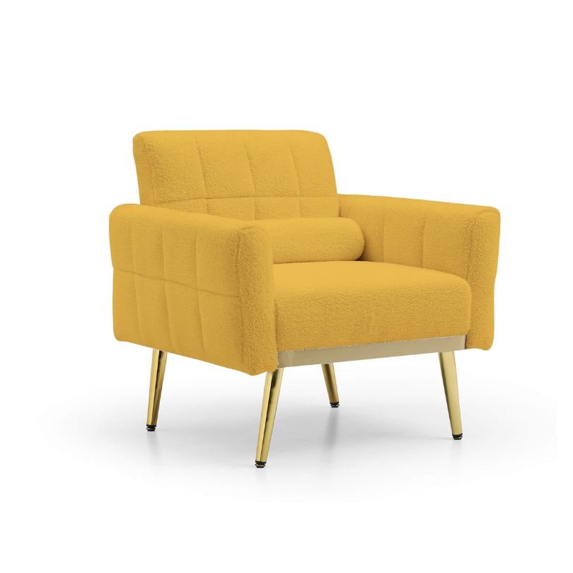 Chic yellow teddy fabric mid-century accent armchair from the side, highlighting its elegant design.