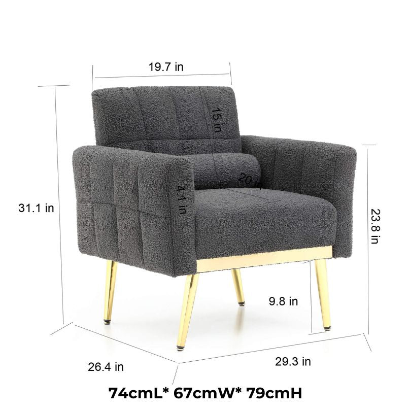 Front view of the stylish gray tufted accent chair with waist pillow.