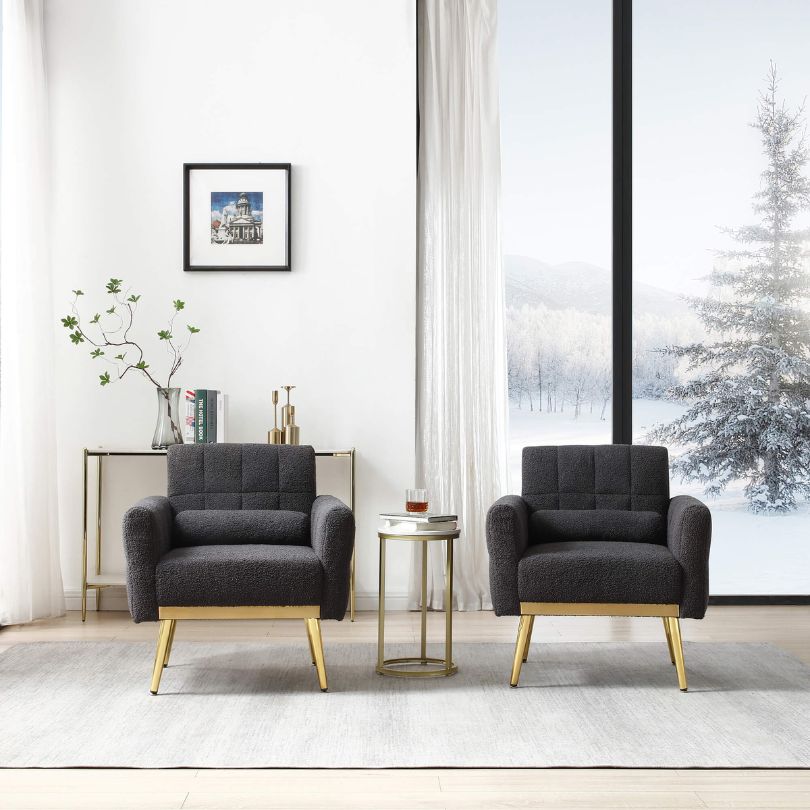 Front view of the stylish gray tufted accent chair with waist pillow.