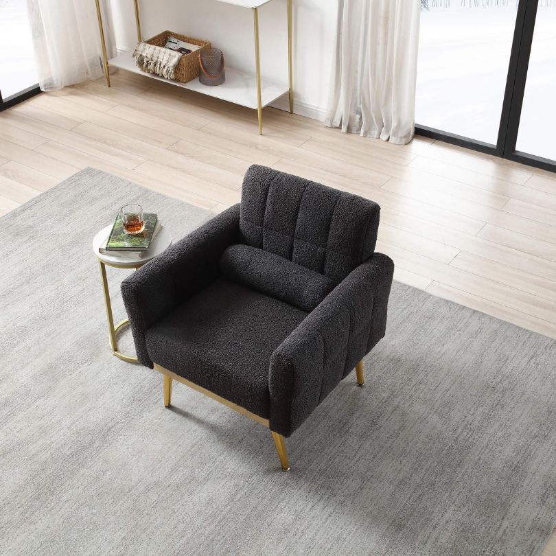 Front view of the stylish gray tufted accent chair with waist pillow.