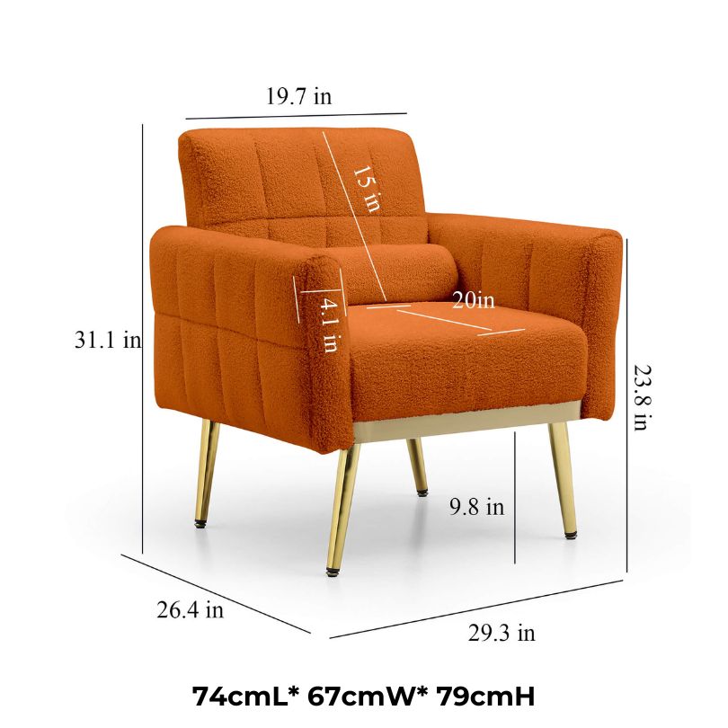 Vibrant orange tufted accent chair with gold accents in a cozy living room setting.