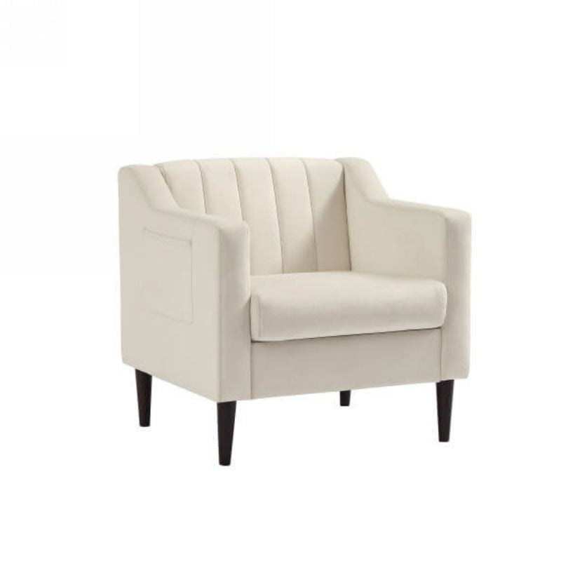 Cozy living room setup featuring the white tufted barrel accent chair against a minimalist backdrop