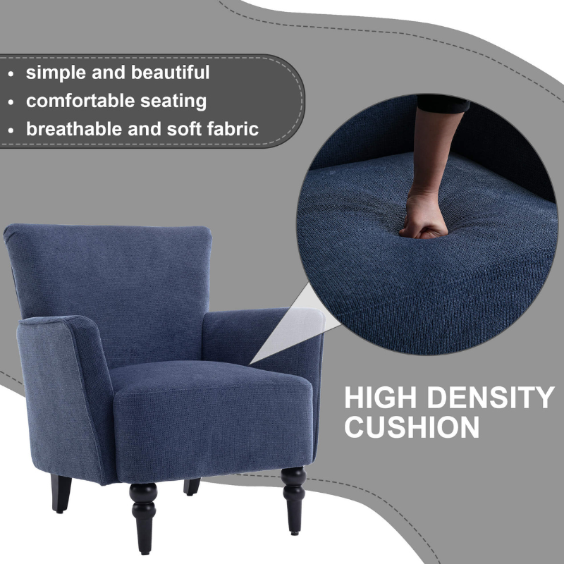 Close-up of the blue linen armchair highlighting the solid wooden legs and comfortable seat