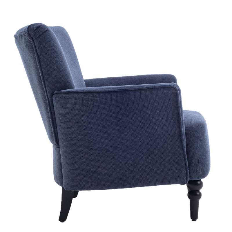 Elegant blue accent chair in a cozy living room setting, showcasing modern design