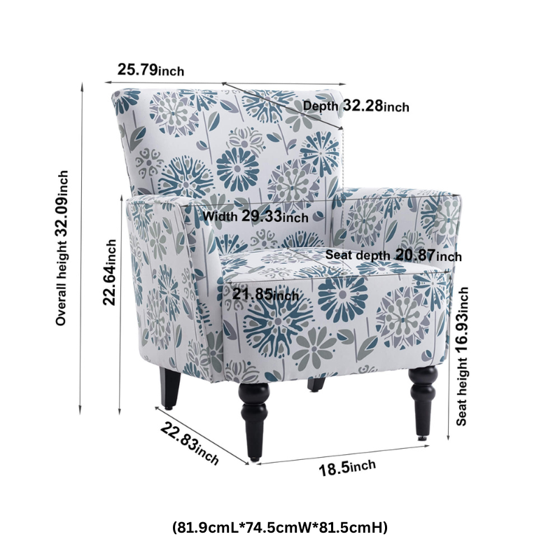Charming blue floral linen vintage accent chair displayed in a cozy living room setting.