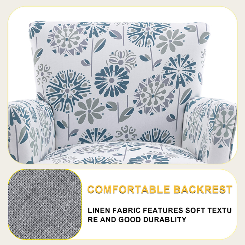 Close-up of the plush linen fabric on the vintage floral armchair, showcasing its quality.