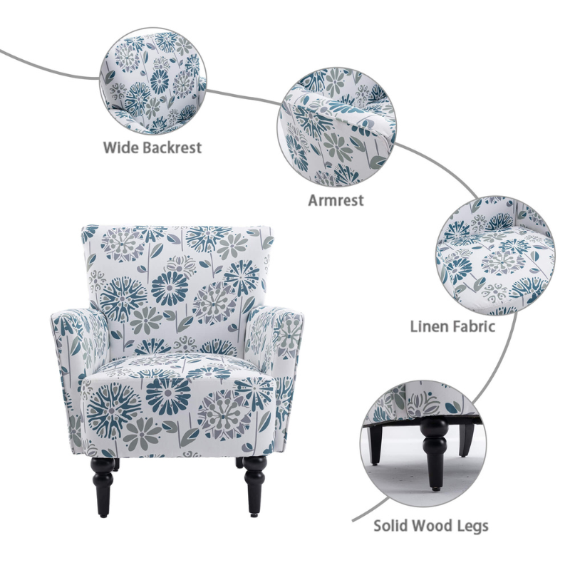 Side view of the vintage floral accent chair highlighting the sturdy wooden legs.