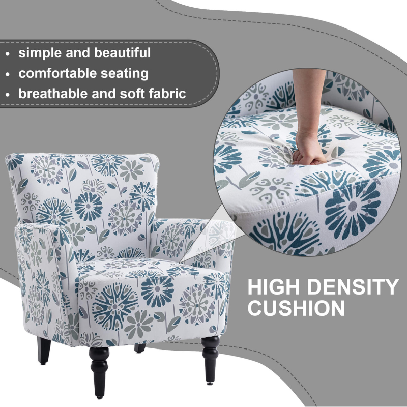 Side view of the vintage floral accent chair highlighting the sturdy wooden legs.