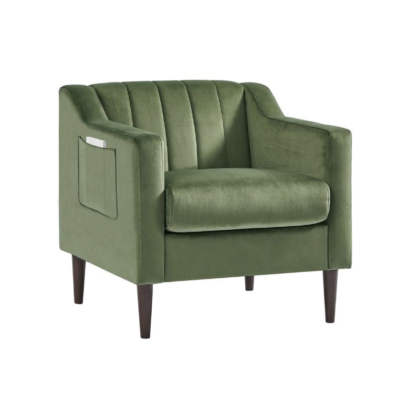 The green velvet accent chair showcasing its solid wood legs and ergonomic shape.