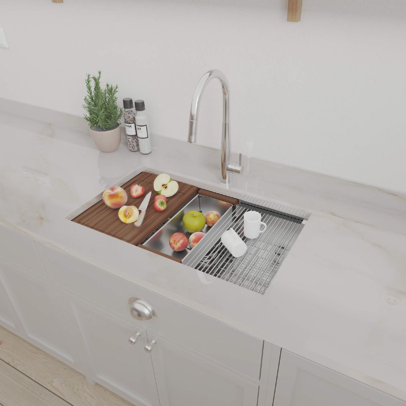 Close-up of the durable stainless steel finish on the undermount kitchen sink.