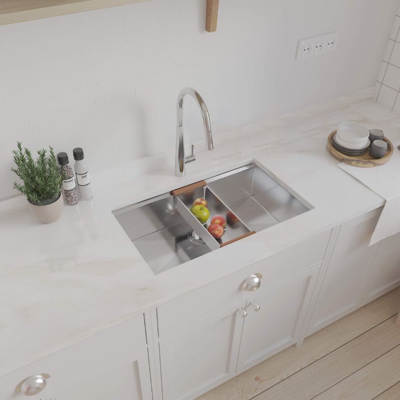 View of the premium 32" single bowl undermount sink installed in a stylish kitchen.