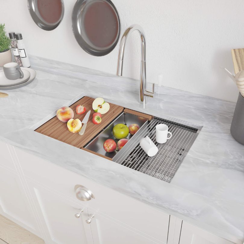 The spacious interior of the 32" single bowl sink showcasing its functional design.