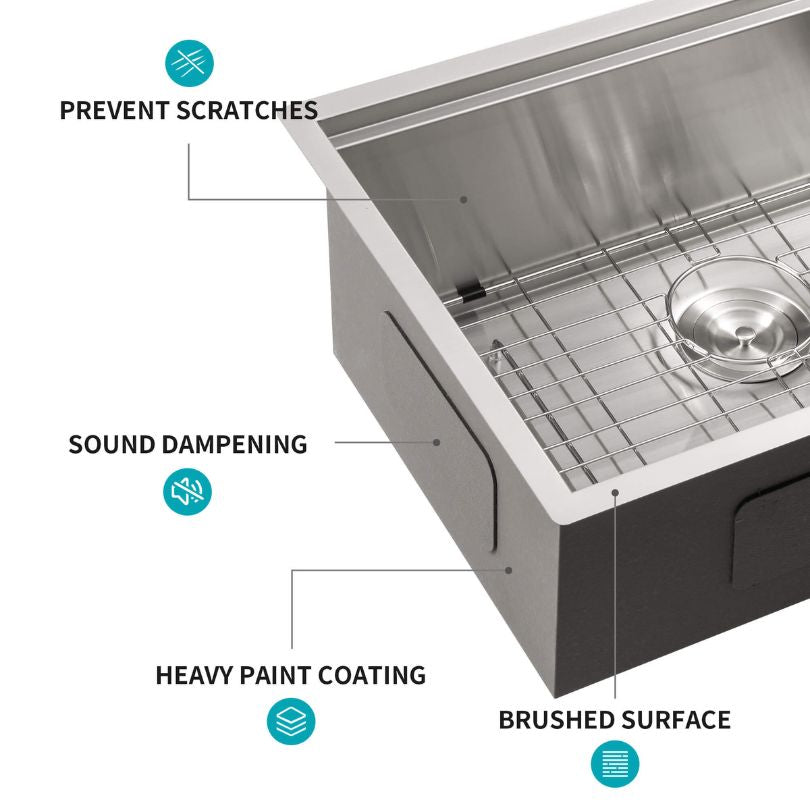Lifestyle image of the workstation sink in a modern kitchen, highlighting its integrated cutting board and drying rack.