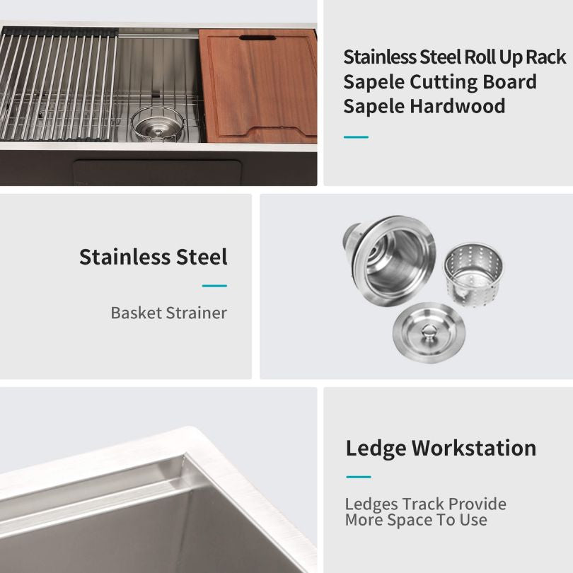 Angle view of the Premium 32-Inch Undermount Workstation Kitchen Sink showcasing its large single bowl and brushed nickel finish.