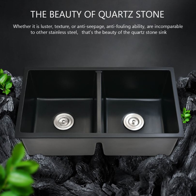Close-up of the Premium Black Quartz Double-Bowl Undermount Kitchen Sink showing the fine texture of the quartz material.