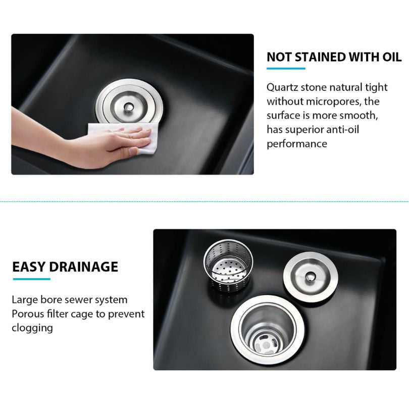 Close-up of the Premium Black Quartz Double-Bowl Undermount Kitchen Sink showing the fine texture of the quartz material.