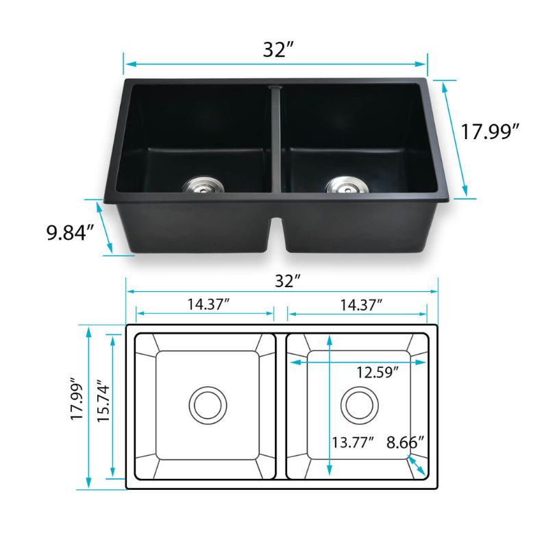 Premium Black Quartz Double-Bowl Undermount Kitchen Sink from above highlighting its smooth surface and deep bowls.
