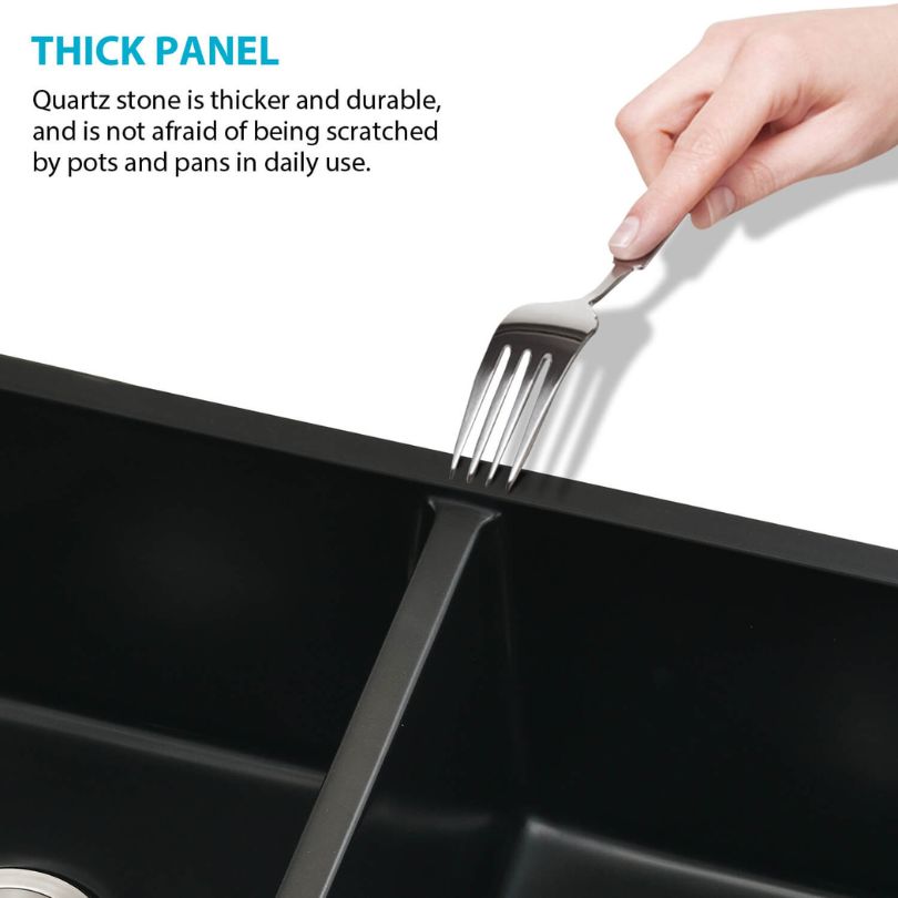 Side view of the Premium Black Quartz Double-Bowl Undermount Kitchen Sink demonstrating its sleek design and basket strainer.
