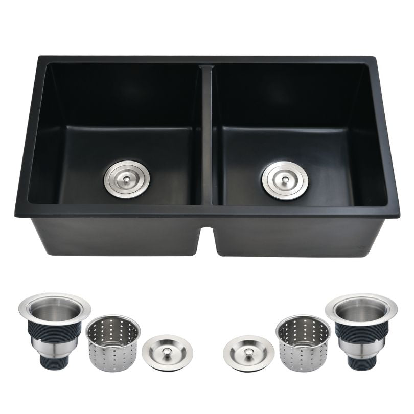 Side view of the Premium Black Quartz Double-Bowl Undermount Kitchen Sink demonstrating its sleek design and basket strainer.