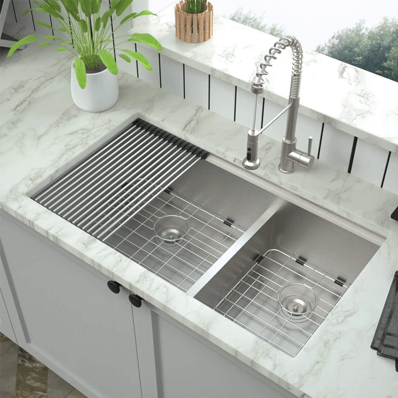 Installation shot of the topmount kitchen sink in a stylish kitchen setting.